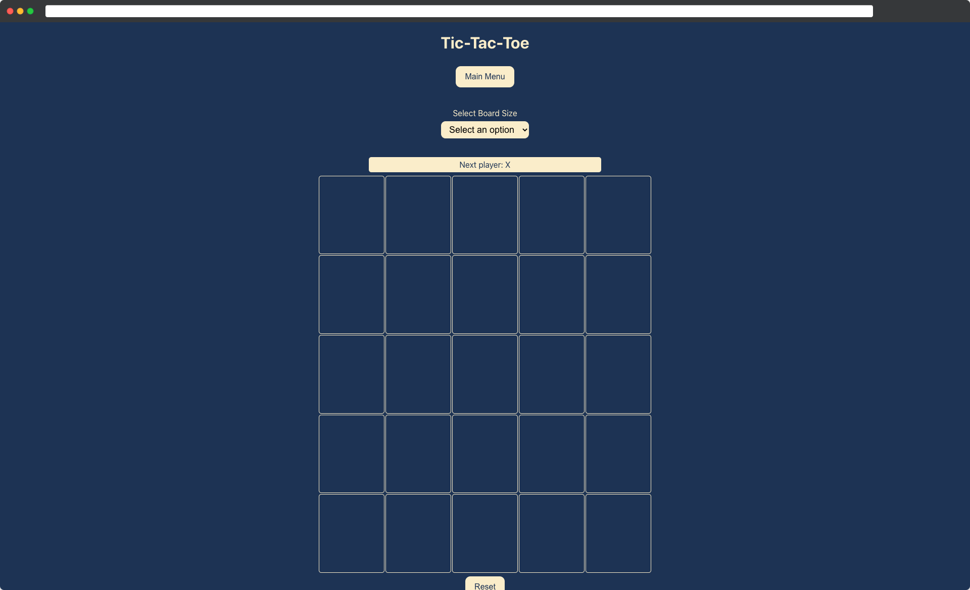 home page of the Tic Tac Toe project