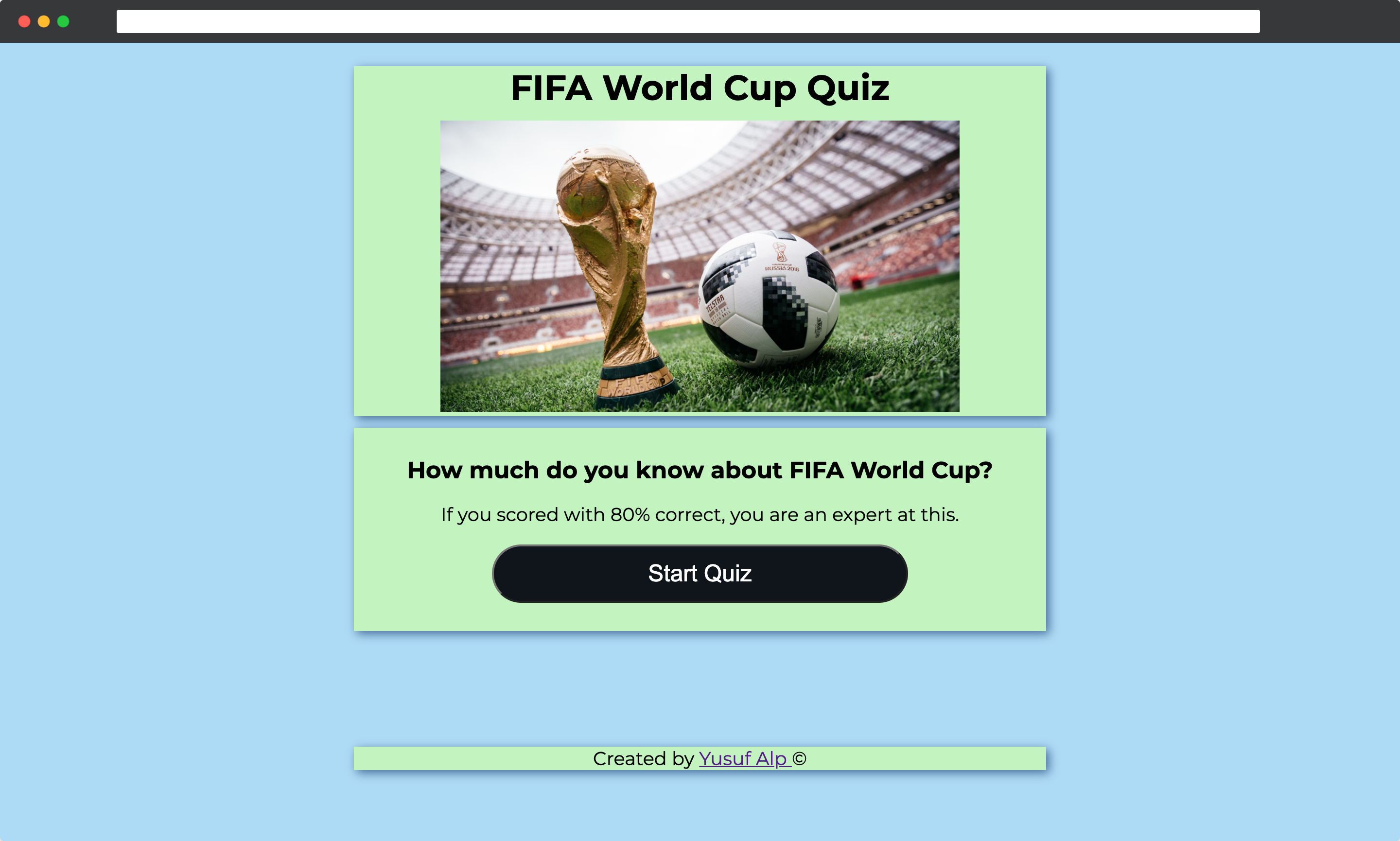home page of the FIFA World Cup Quiz project